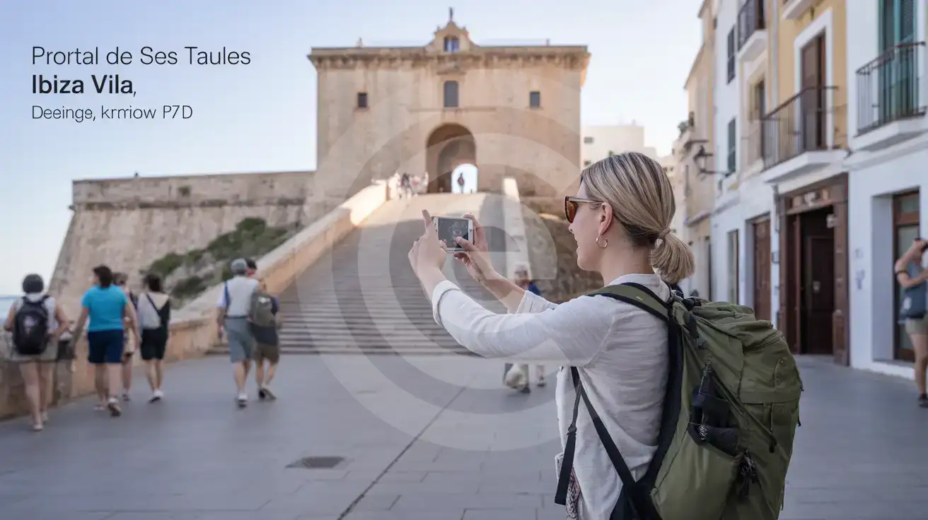 Călătoare singură fotografiind intrarea Portal de ses Taules în Orașul Vechi din Ibiza, Spania