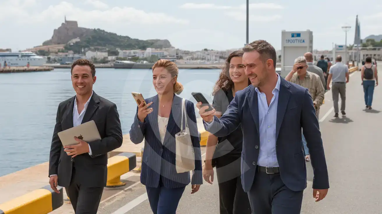 Small business team walking near the Botafoc quay at Port of Ibiza with Ibiza Town across the harbor