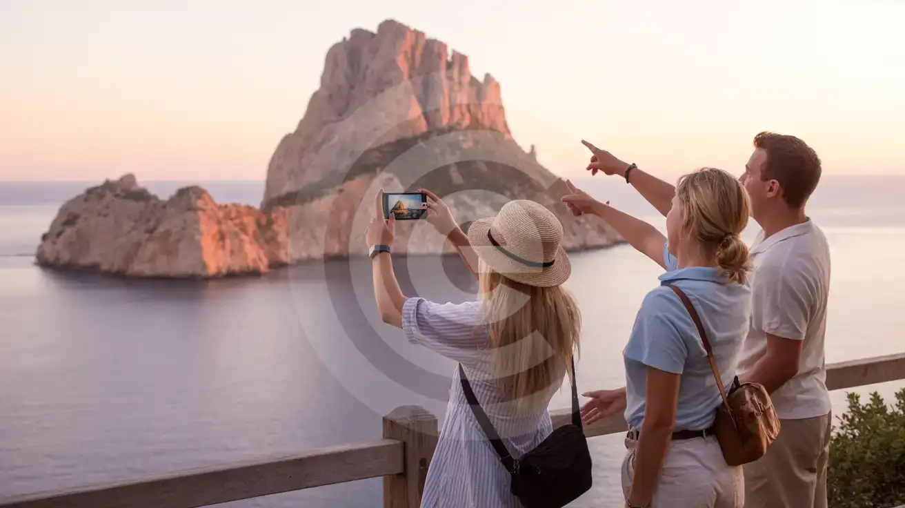 Solo female traveler photographing Es Vedrà rock formation from Cala d'Hort clifftop at sunset in Ibiza