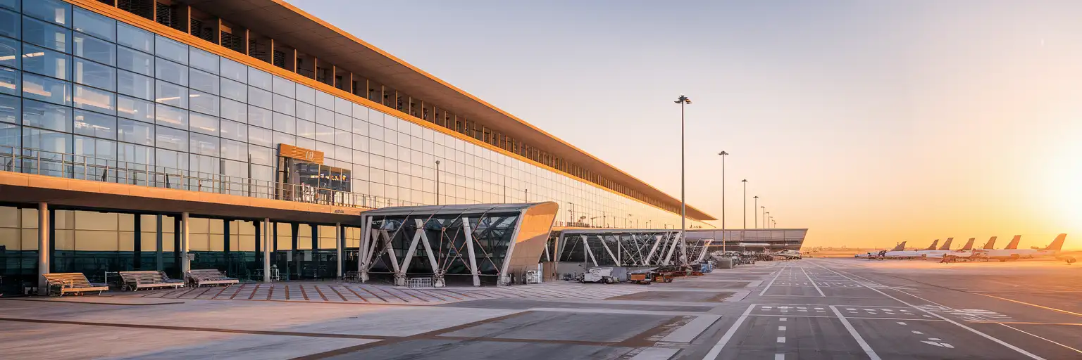 Exterior view of Alicante-Elche Miguel Hernández Airport terminal at golden hour in Alicante, Spain