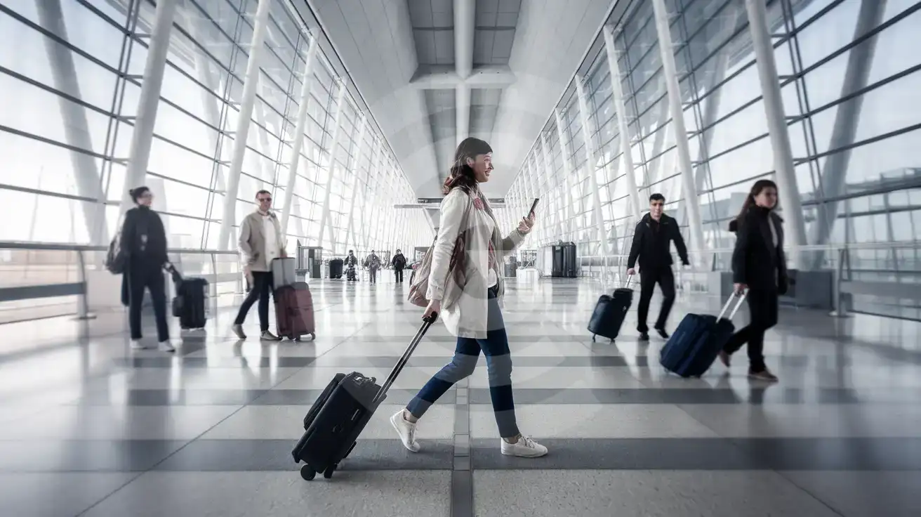 Solo female traveler walking through the arrivals concourse at Alicante-Elche Miguel Hernández Airport