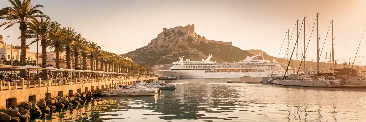 Golden-hour exterior view of Port of Alicante with the waterfront, marina, and Santa Barbara Castle above the harbor