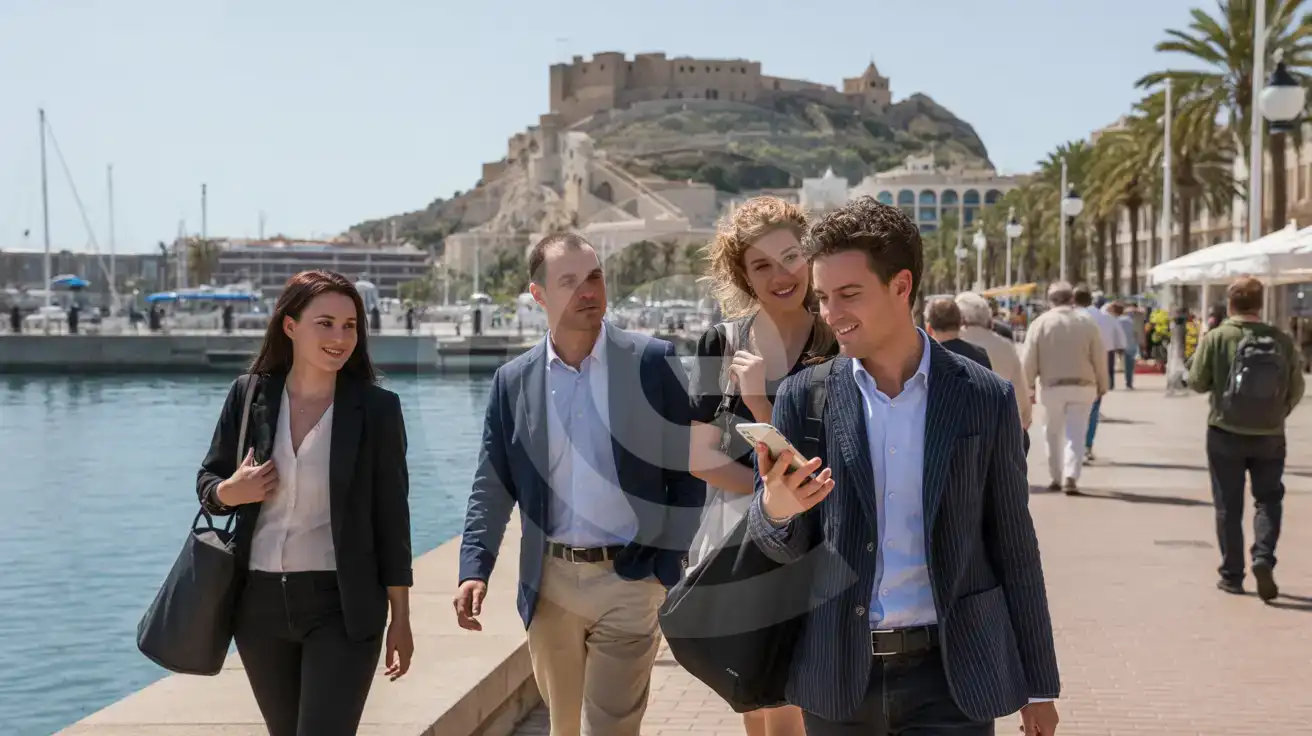 Small business team walking along the Port of Alicante marina promenade with Santa Barbara Castle in the background