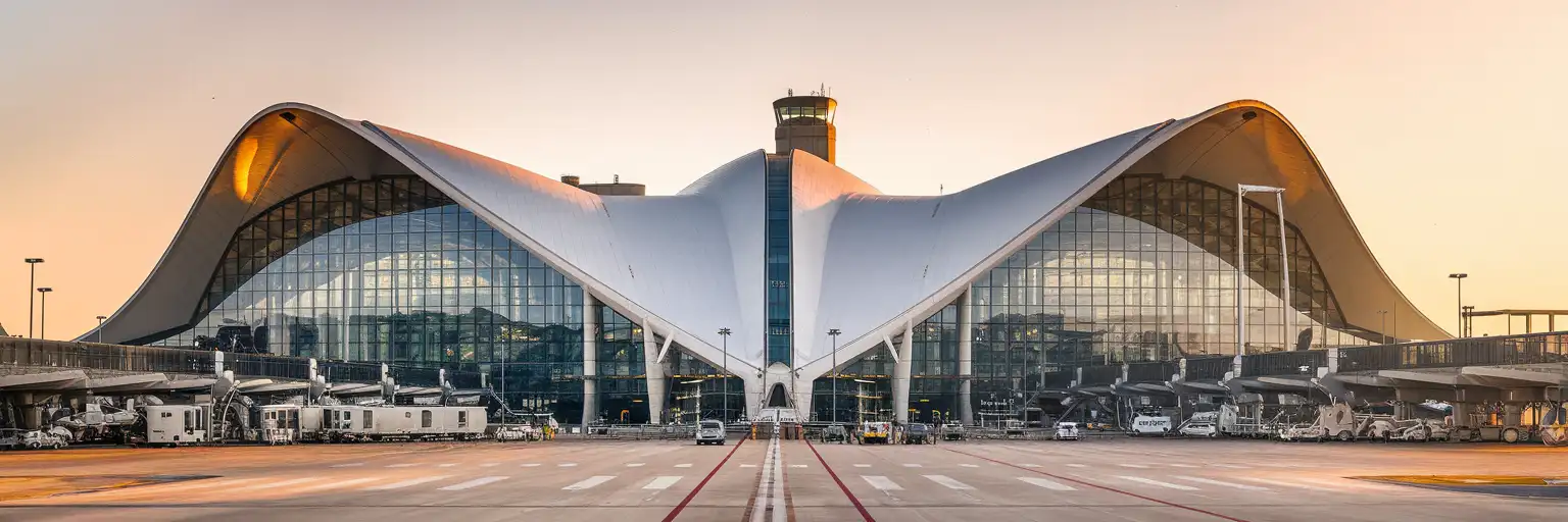 Exterior view of Bilbao Airport's white Calatrava terminal at golden hour in Bilbao, Spain