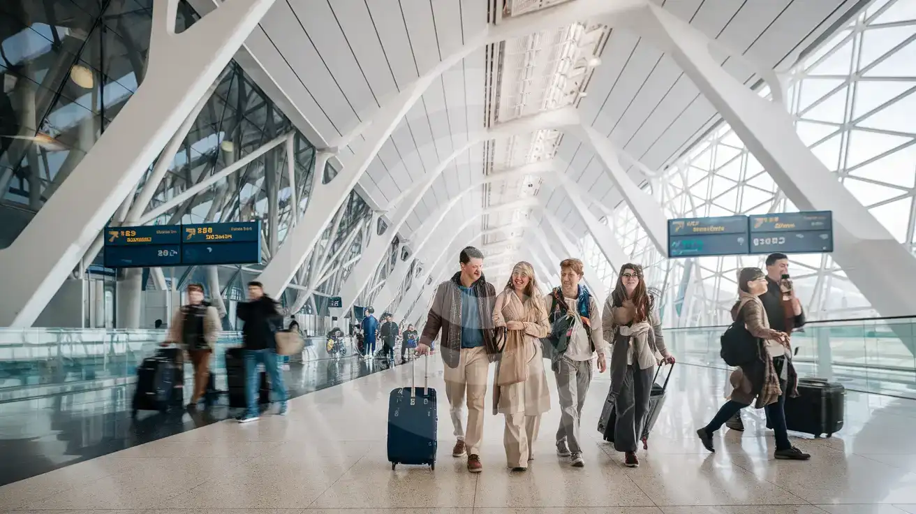 Friends walking through the interior arrivals concourse at Bilbao Airport in Bilbao, Spain