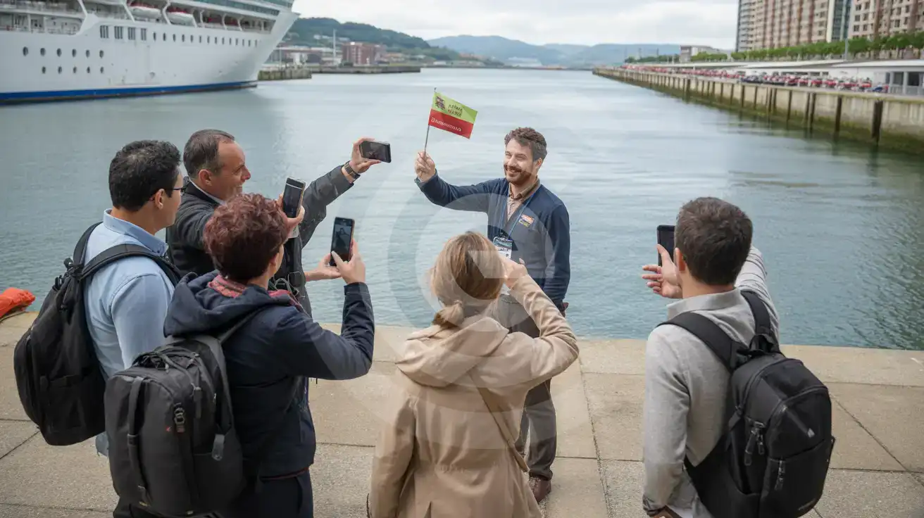 Guided tour group filming near the waterfront arrival area at Port of Bilbao in Bilbao, Spain