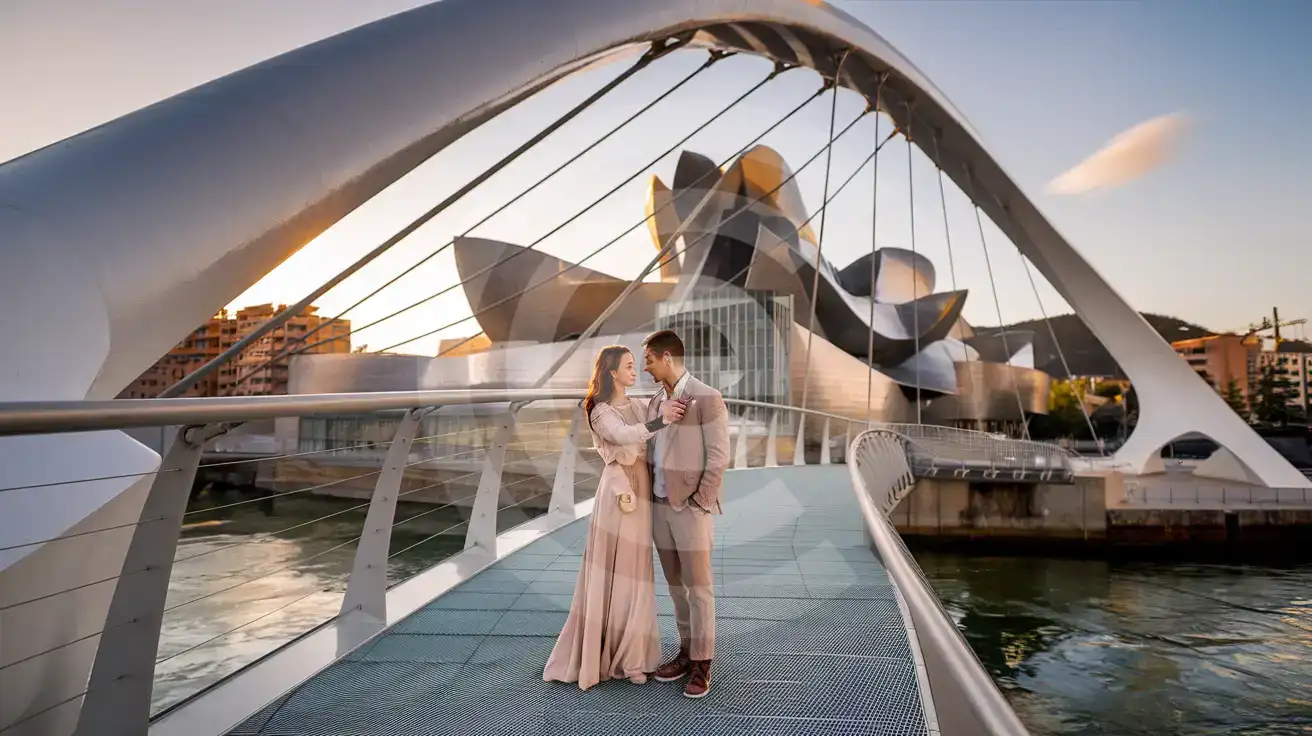 Honeymoon couple taking a selfie on Bilbao's Zubizuri footbridge with the Guggenheim Museum visible across the Nervión River