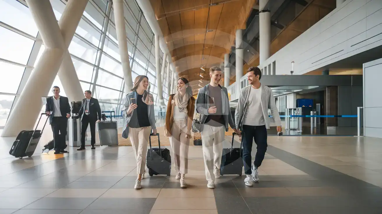 Friends walking through the arrivals concourse inside San Sebastián Airport with a phone ready after landing