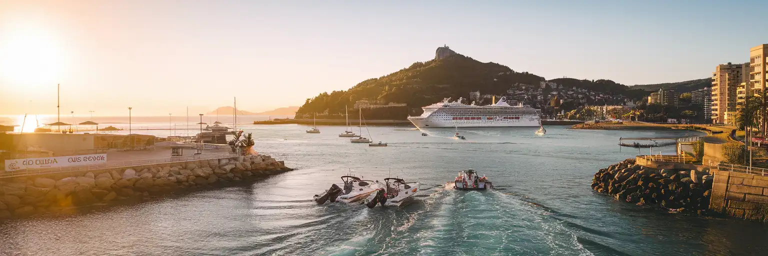Tender boats arriving at Port of San Sebastián with La Concha Bay and Monte Urgull in the background at sunset