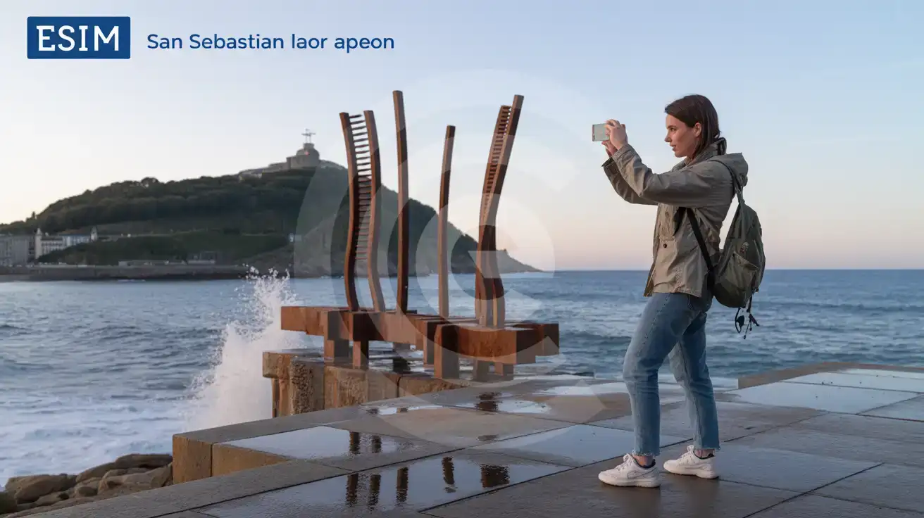 Three friends photographing the Peine del Viento sculptures at sunset in San Sebastian with Atlantic waves crashing below