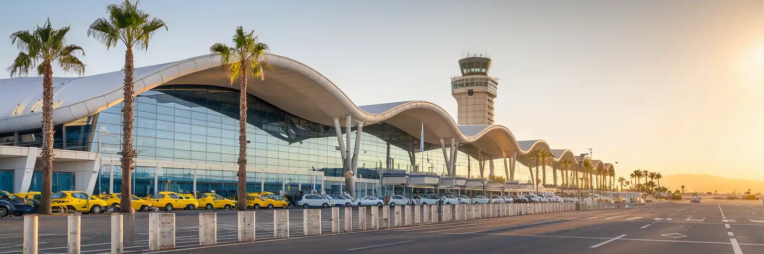 Terminal 3 exterior of Málaga-Costa del Sol Airport at golden hour with palm trees and distant mountains
