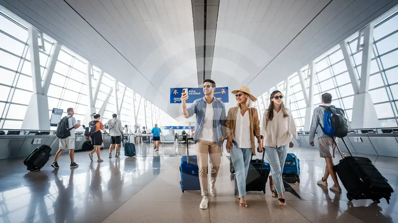 Friends walking through Terminal 3 arrivals hall at Málaga-Costa del Sol Airport with smartphones in hand