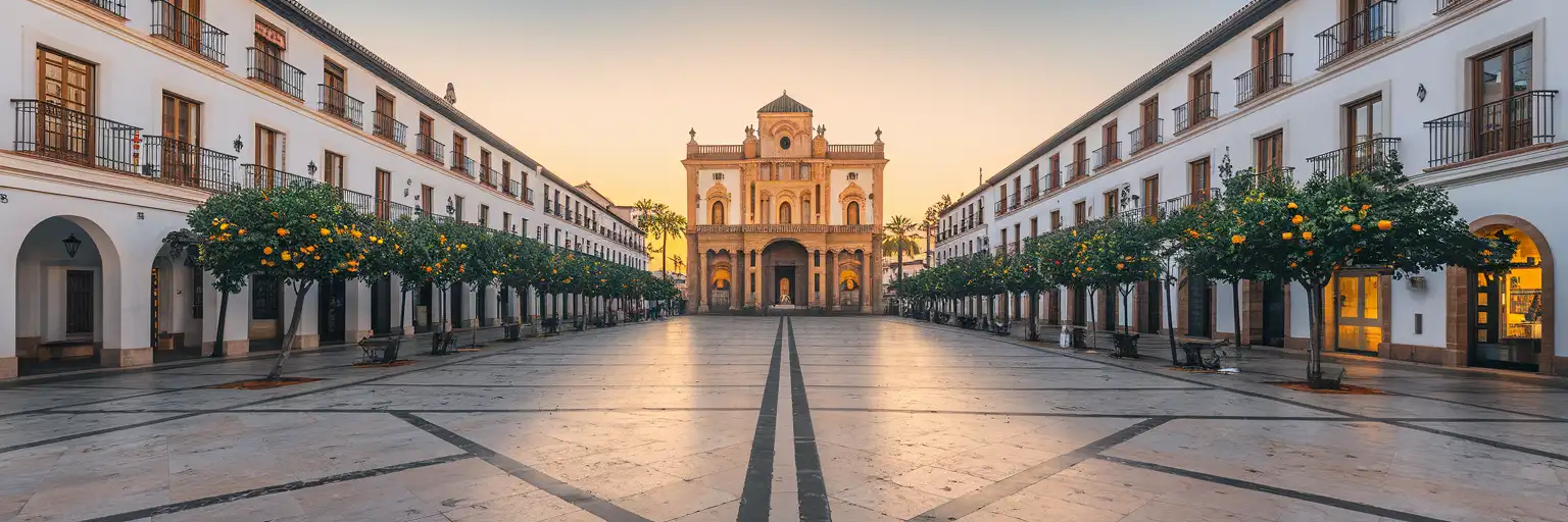 Vista exterior al atardecer de la Plaza de los Naranjos en el Casco Antiguo de Marbella con edificios blancos andaluces y naranjos