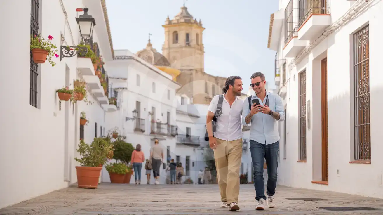 Una pareja caminando con un teléfono por una calle estrecha cerca de la Iglesia de la Encarnación en el Casco Antiguo de Marbella