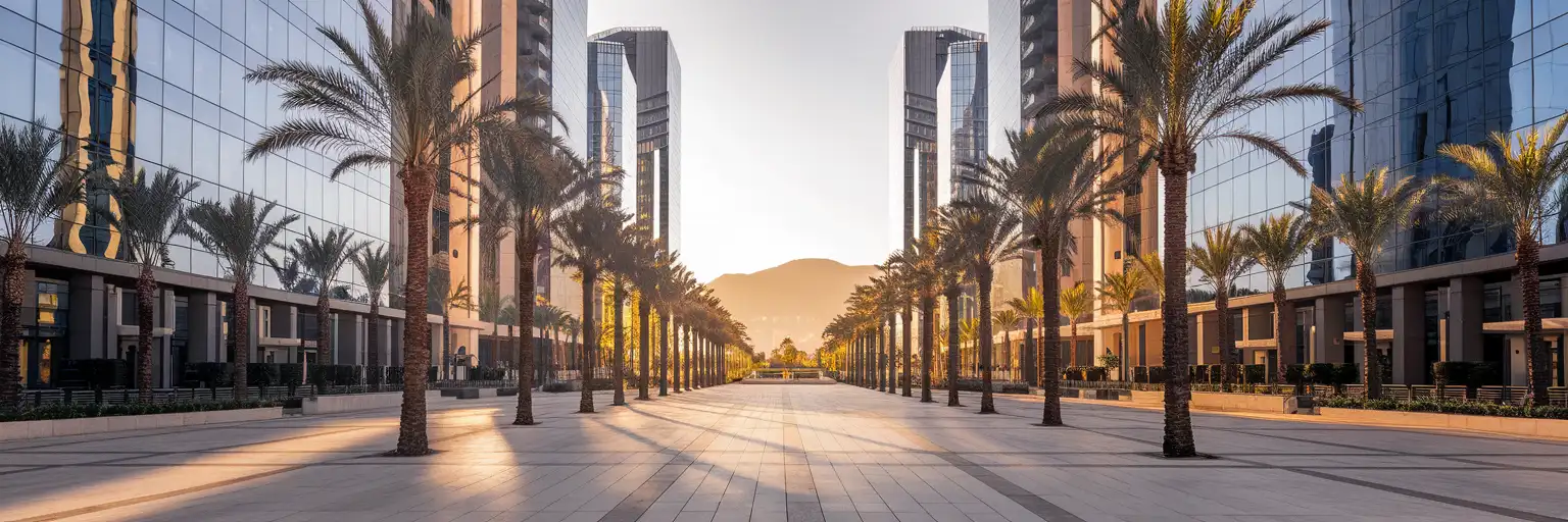 Modern office towers along Avenida Ricardo Soriano in Marbella Financial District with Mediterranean palms and Sierra Blanca mountains at golden hour