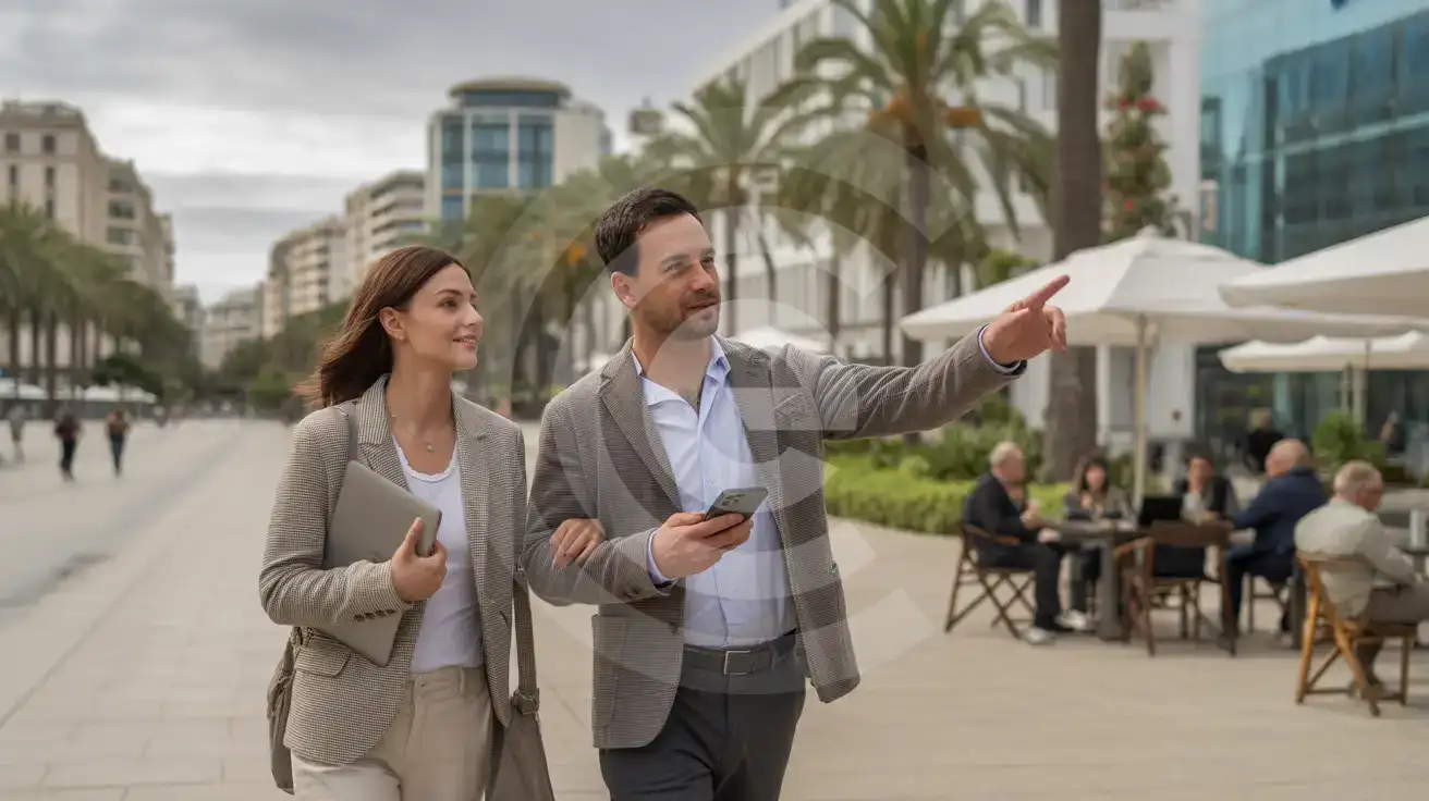 Mixed couple walking along Avenida Ricardo Soriano in Marbella Financial District checking smartphone for directions between modern office buildings
