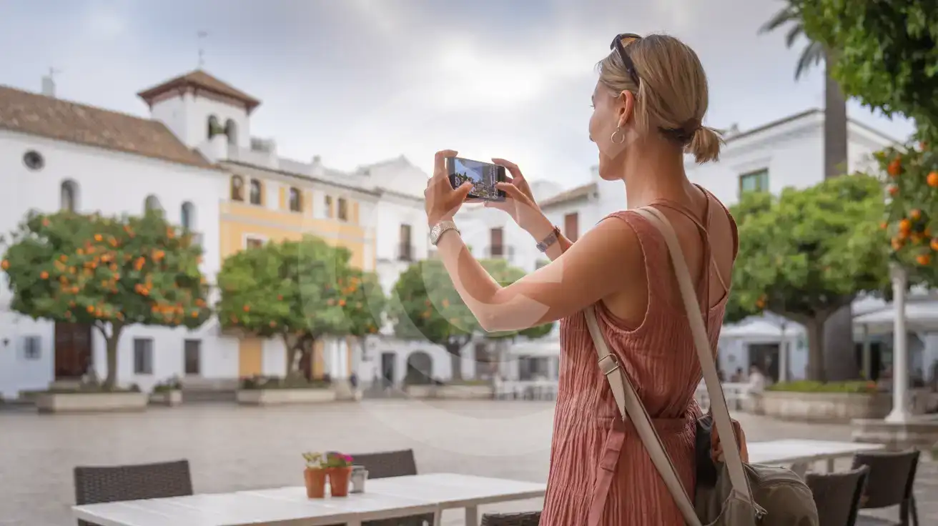 Friends taking a group selfie at Puerto Banús marina with luxury yachts at twilight in Marbella