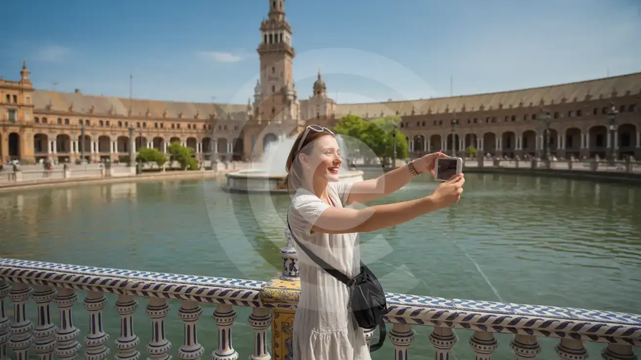 Solo female traveler photographing the ornate Plaza de España in Seville on a bright midday, ceramic tile alcoves and central fountain visible behind her