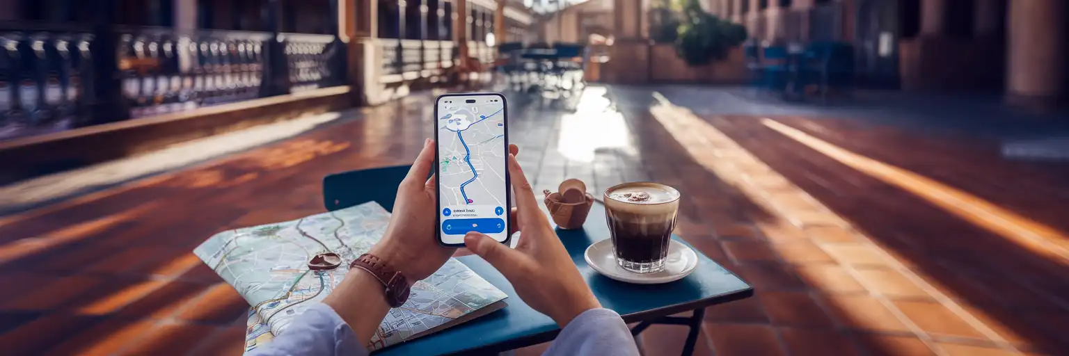 Călător folosind navigația pe smartphone la o cafenea în aer liber într-o piață spaniolă, cu cafea și hartă pe hârtie alături