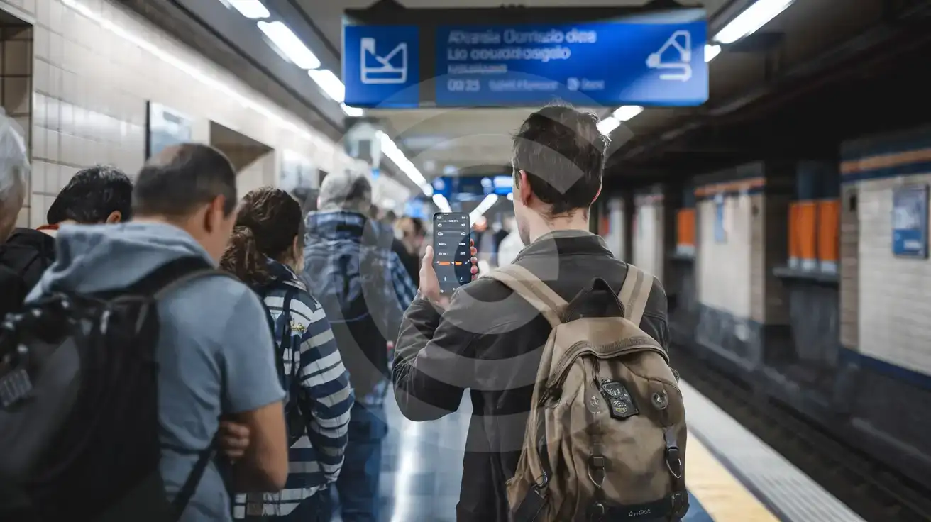 Călător verificând aplicația de transport pe telefon în timp ce așteaptă pe un peron de metrou în Spania