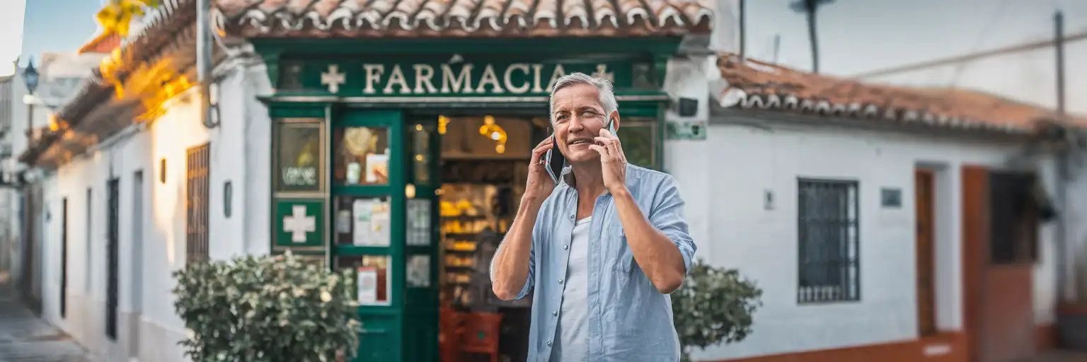 Traveler making a phone call outside a Spanish pharmacy in a sun-lit Andalusian street