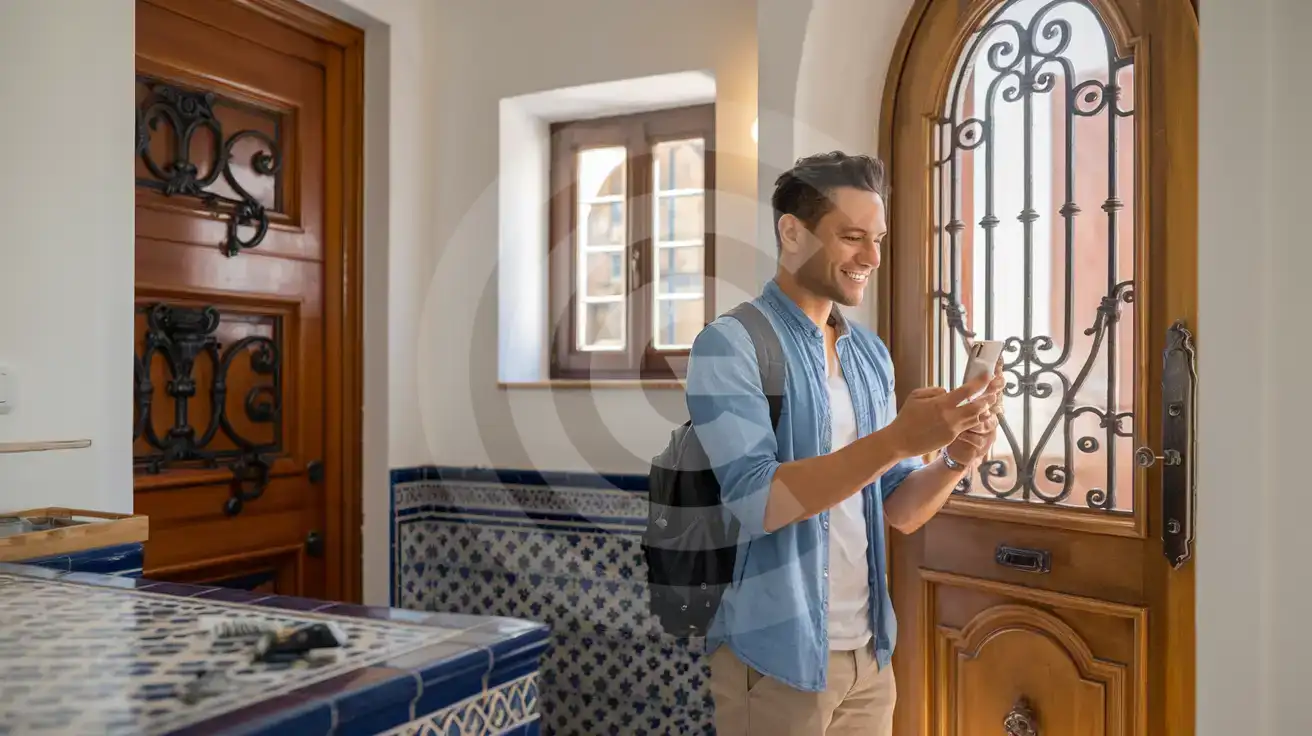 Traveler reading an SMS with door code inside a Spanish apartment entryway