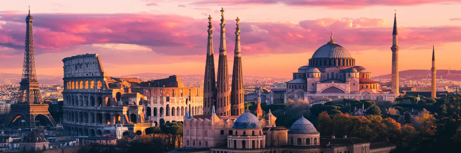 Golden-hour montage of the Eiffel Tower, Colosseum, Sagrada Família, Hagia Sophia, and Schönbrunn Palace unified in one panoramic European skyline