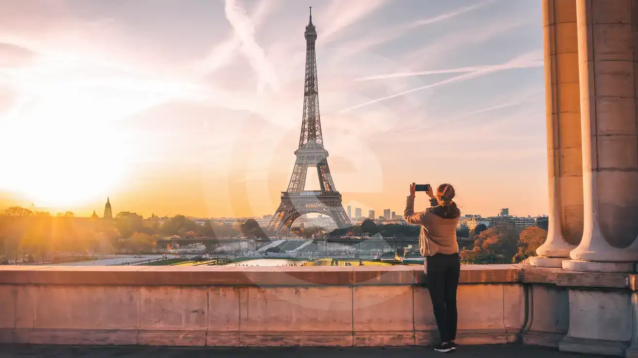 Traveler photographing the Eiffel Tower from Trocadéro at golden hour in Paris