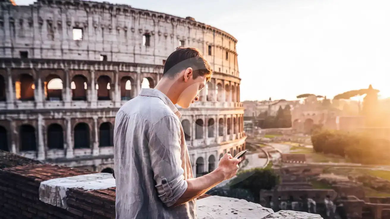 Traveler checking his phone near the Colosseum in Rome at sunset