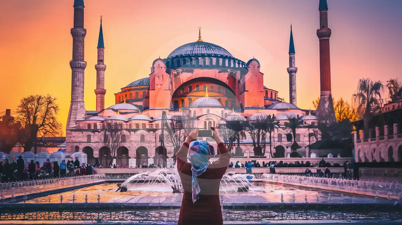 Traveler photographing Hagia Sophia from Sultanahmet Square in Istanbul at golden hour