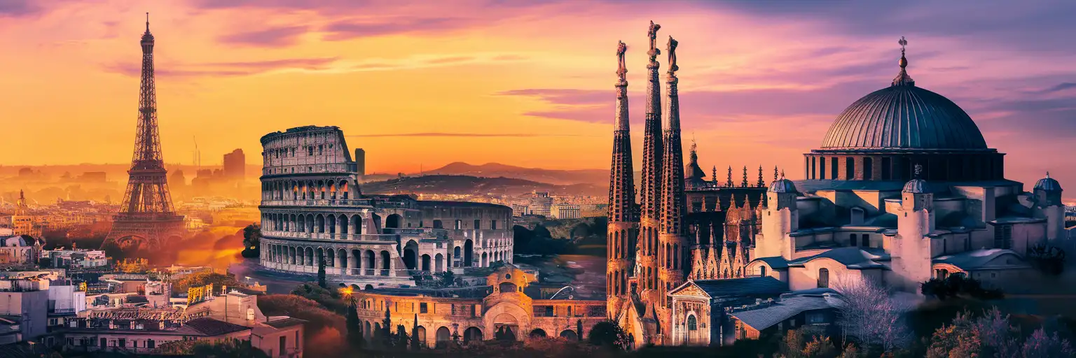 Golden-hour montage of the Eiffel Tower, Roman Colosseum, Sagrada Família, and Hagia Sophia composited into a unified European skyline