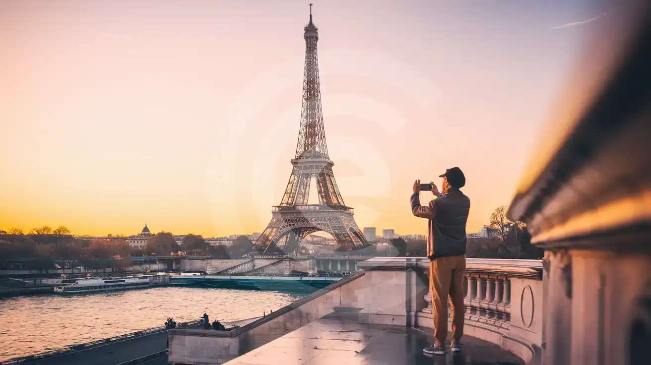 Traveler photographing the Eiffel Tower from Trocadéro at sunset in Paris
