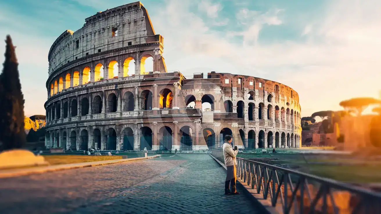 Traveler checking their phone near the Colosseum at sunset in Rome