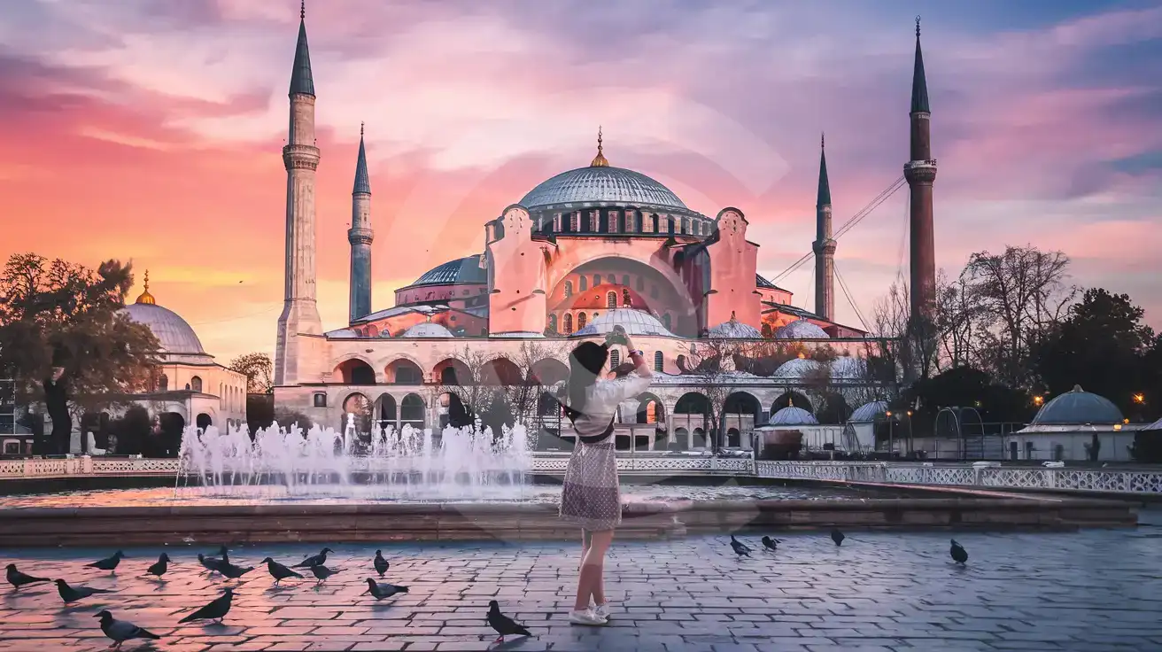 Traveler photographing Hagia Sophia from Sultanahmet Square at sunset in Istanbul
