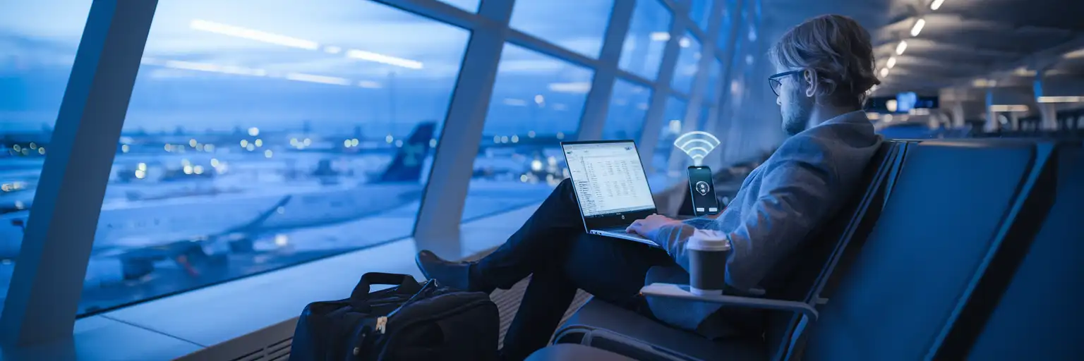 Călător folosind laptopul conectat la hotspot-ul telefonului în sala de așteptare a aeroportului din Helsinki la răsărit