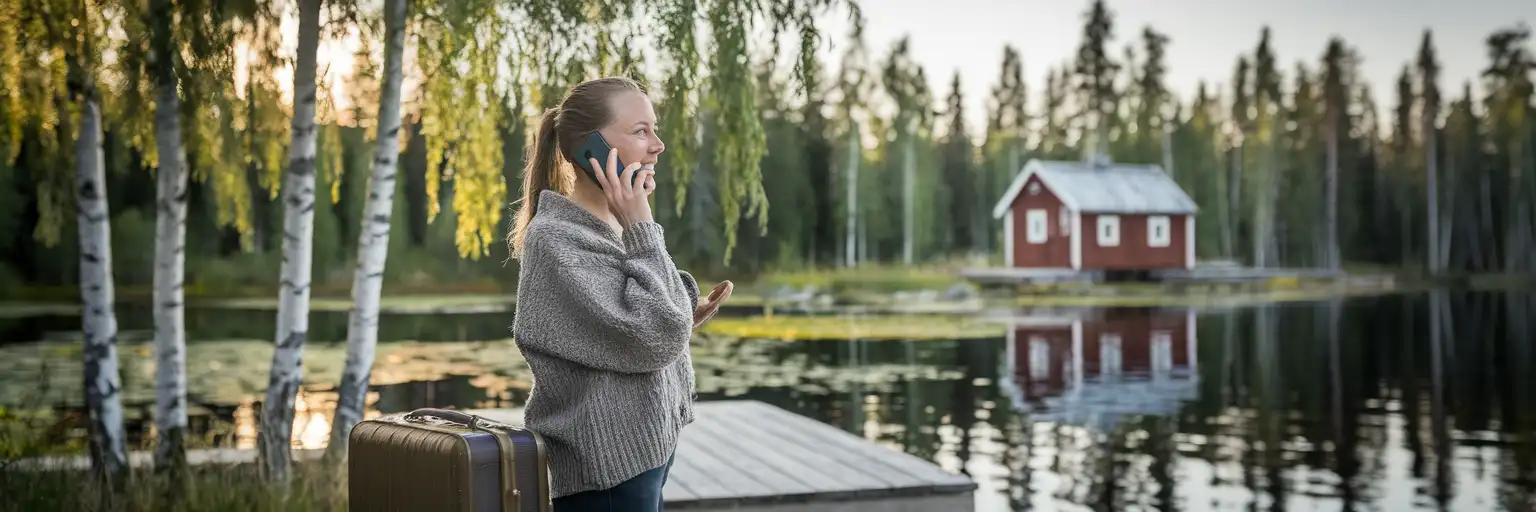 Woman making a phone call on a wooden dock beside a Finnish lake with birch trees and a red cabin in the background