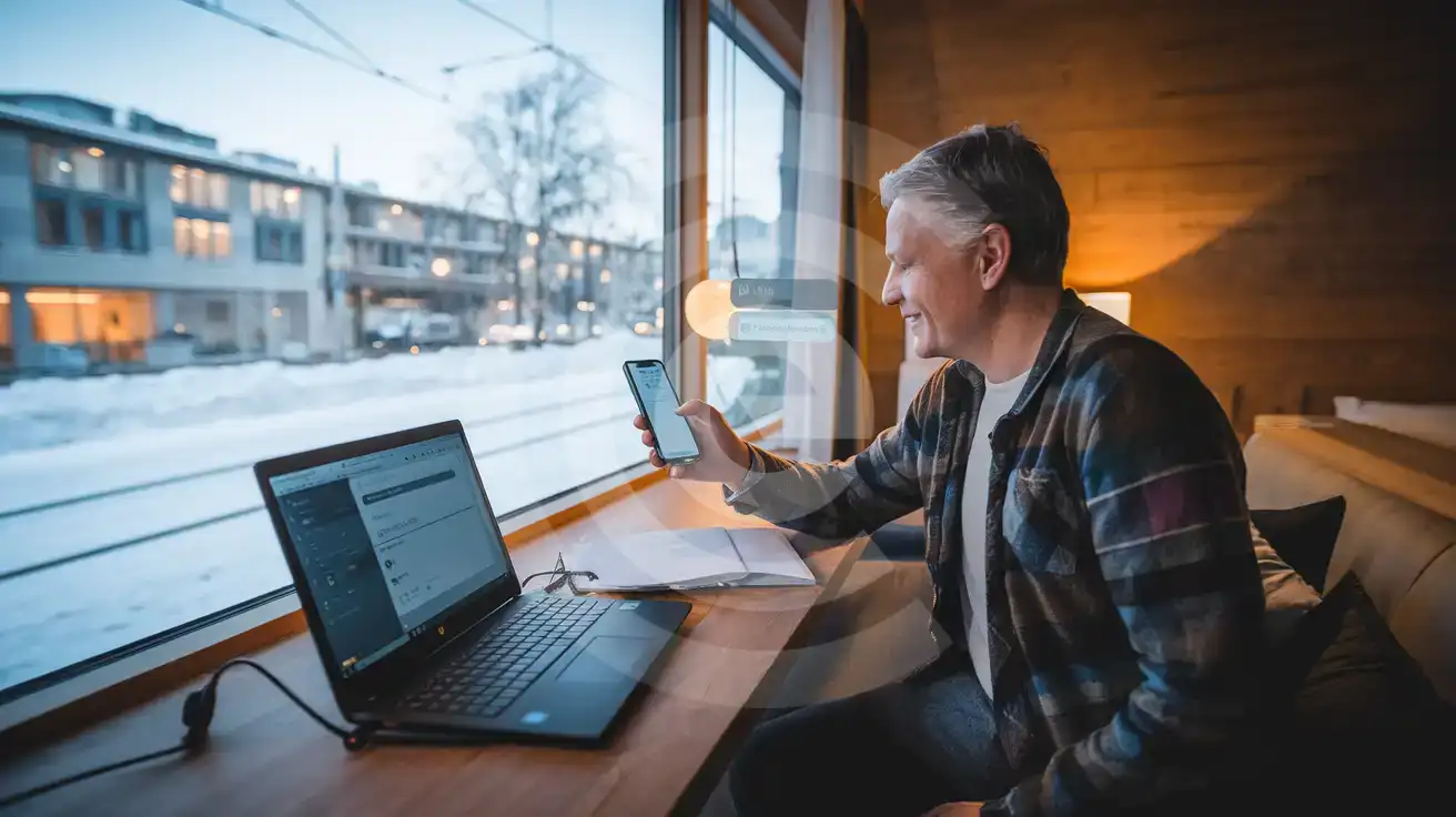 Man checking phone messages inside a Helsinki apartment with snowy street visible through window
