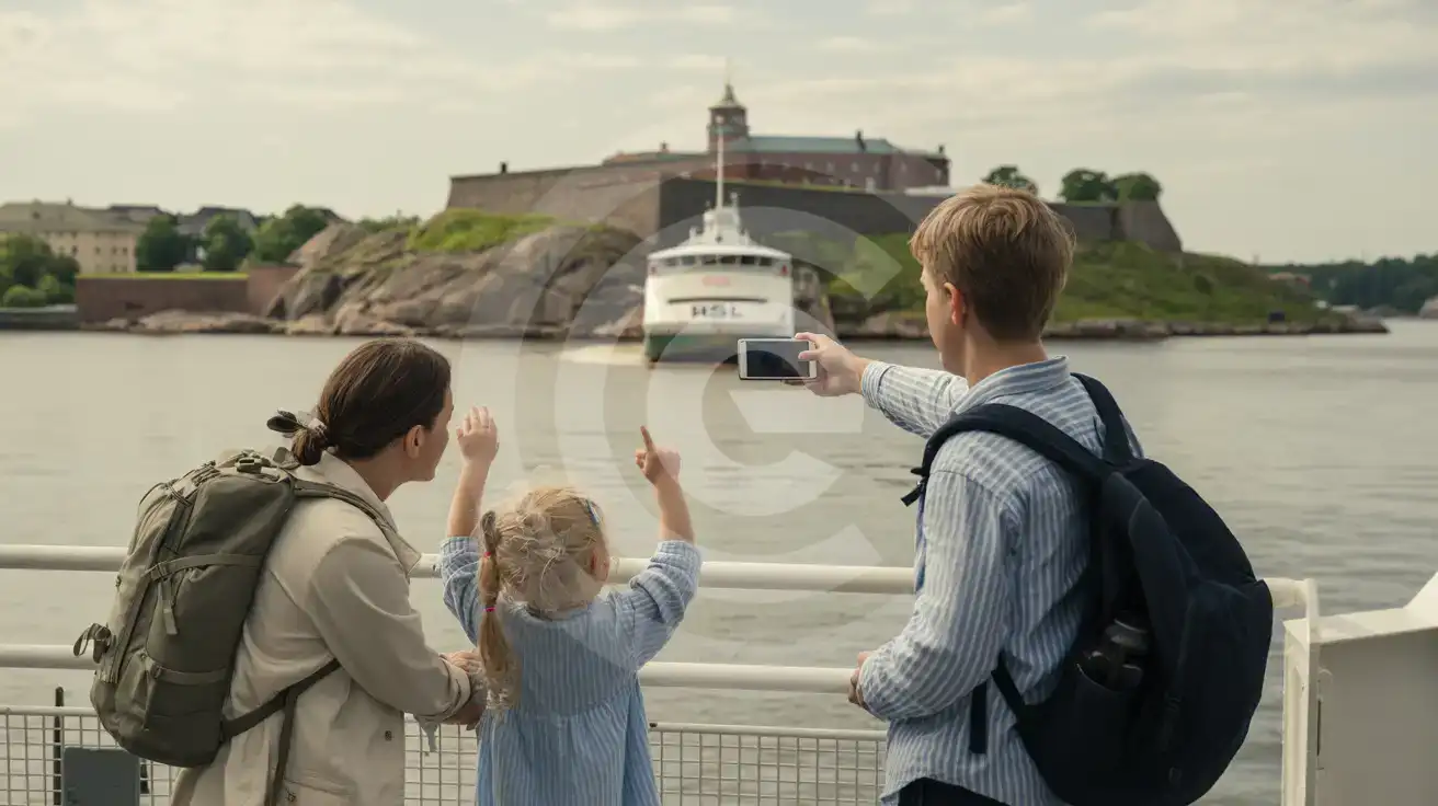 Family pointing at Suomenlinna sea fortress from the approaching Helsinki ferry with historic ramparts visible