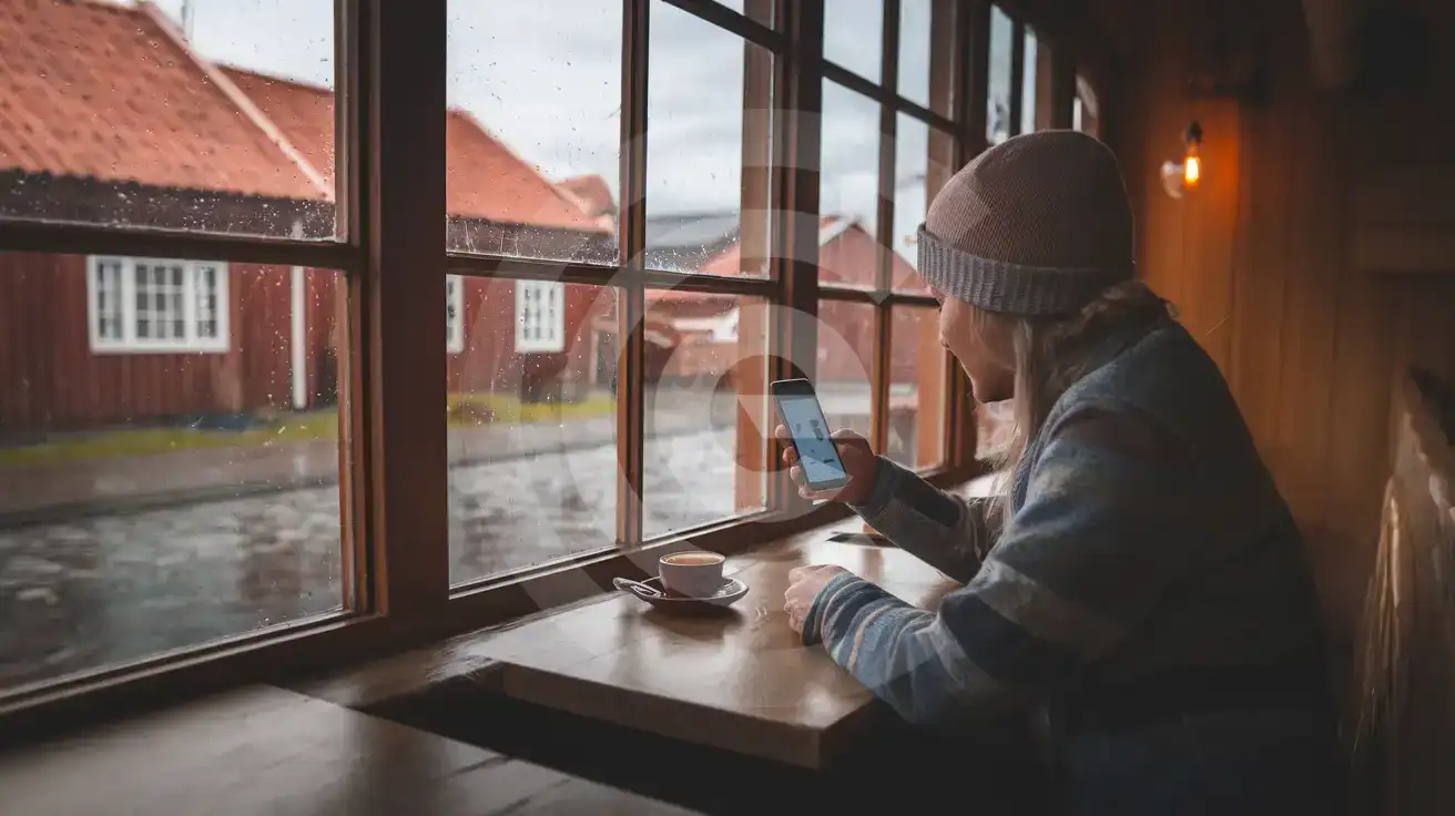 Traveller checking phone inside a warm Faroese café while rain falls on the village street outside