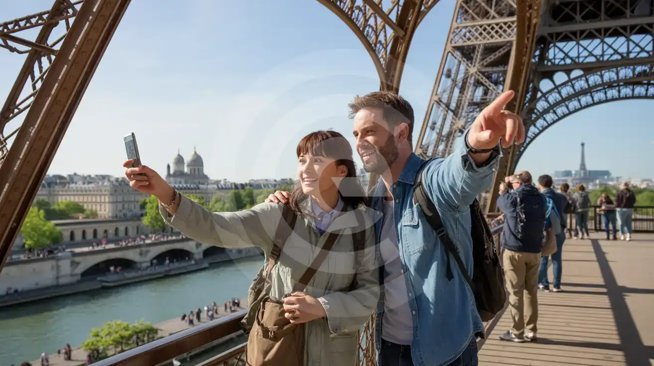 A couple photographing the Paris skyline from the Eiffel Tower second-floor observation deck surrounded by iron lattice girders