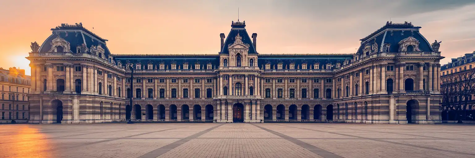 Wide golden-hour view of Hôtel de Ville and the open square in Paris, France
