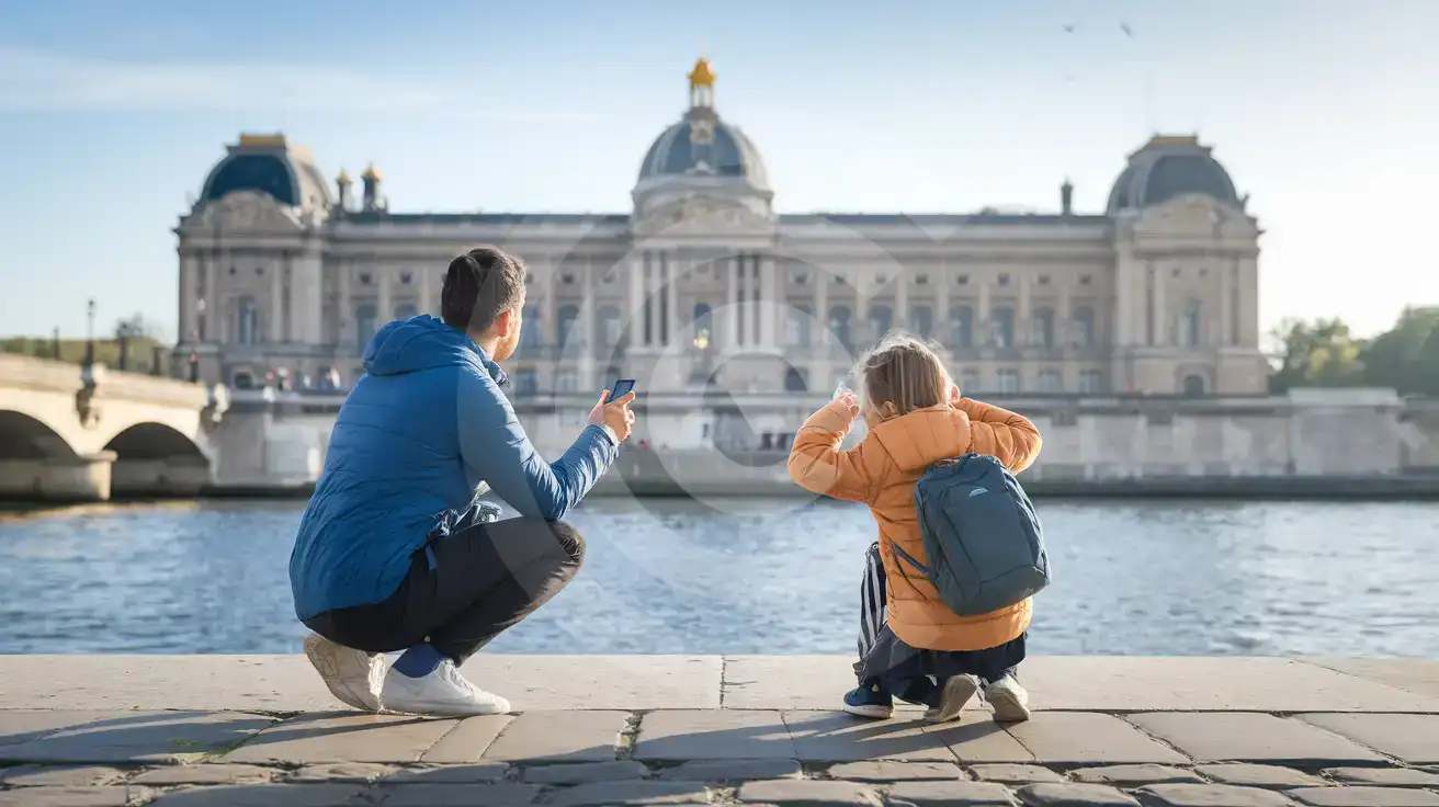 Family approaching Hôtel de Ville from the riverside side view in Paris, France