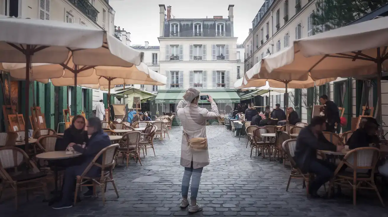 Solo female traveler photographing artists at Place du Tertre in Montmartre, Paris