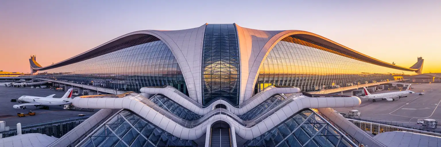 Exterior view of Paris Charles de Gaulle Airport Terminal 1 with its iconic brutalist concrete architecture and diagonal escalator tubes at golden hour