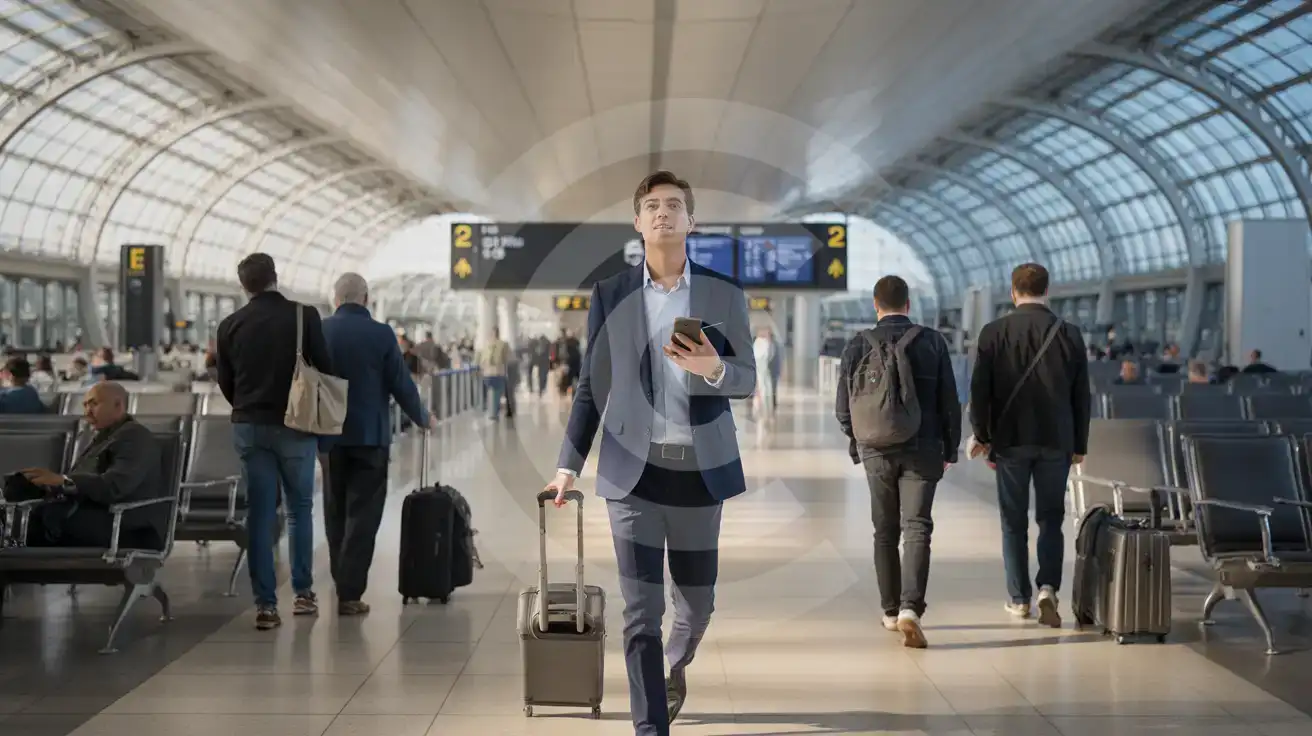 Solo business traveler walking through the modern glass-and-steel interior of Paris Charles de Gaulle Terminal 2E with smartphone in hand