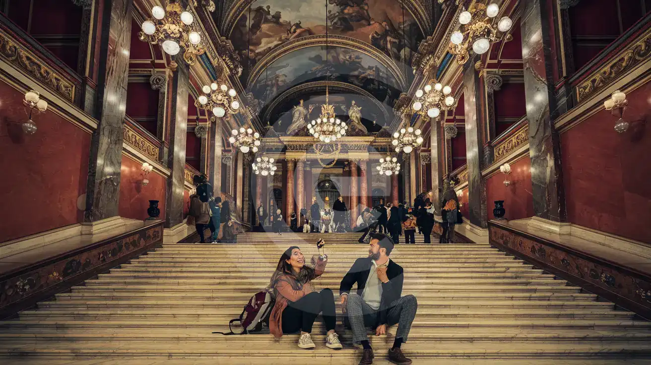 Mixed couple inside the grand staircase hall of Palais Garnier in Paris