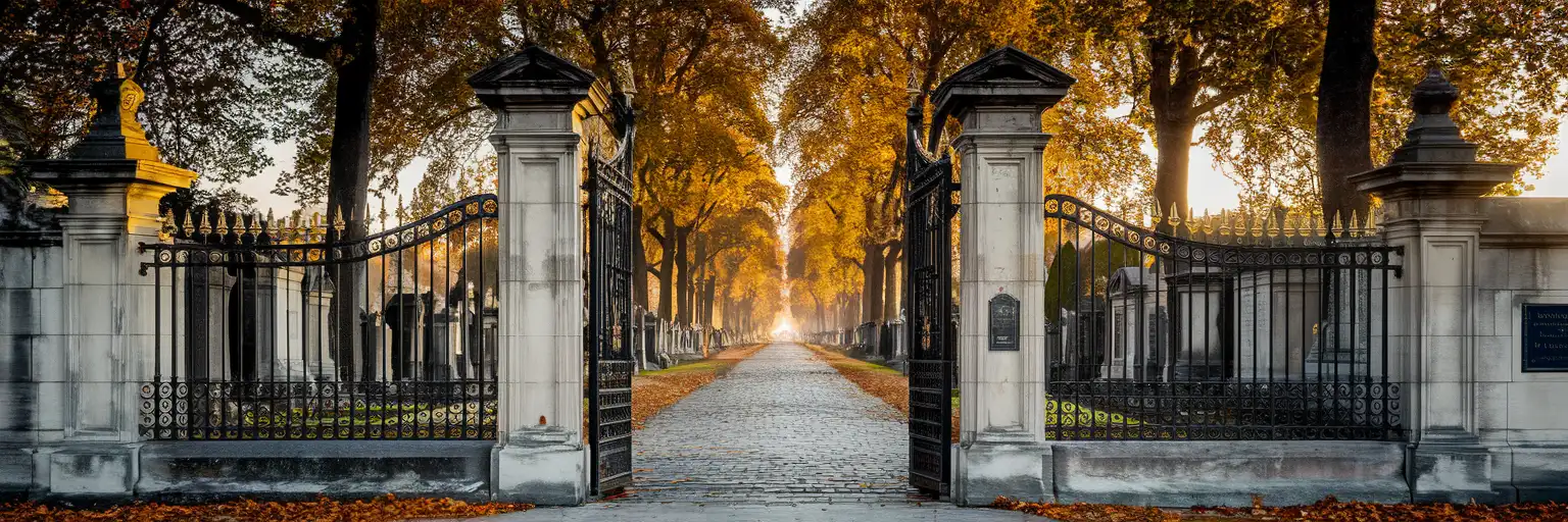 La ornamentada puerta principal del Cementerio Père Lachaise en París al atardecer con árboles otoñales y tumbas históricas visibles al fondo