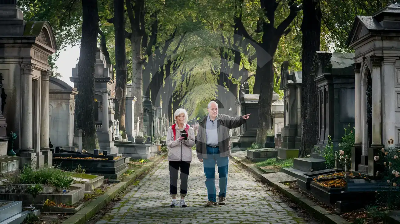 Una pareja de edad fotografiando tumbas históricas a lo largo de un camino empedrado en el Cementerio Père Lachaise en París