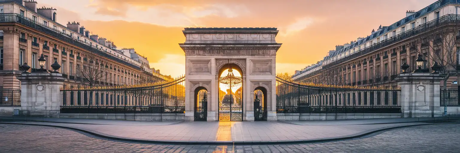 Pabellón de entrada exterior de las Catacumbas de París en la Place Denfert-Rochereau con luz de atardecer
