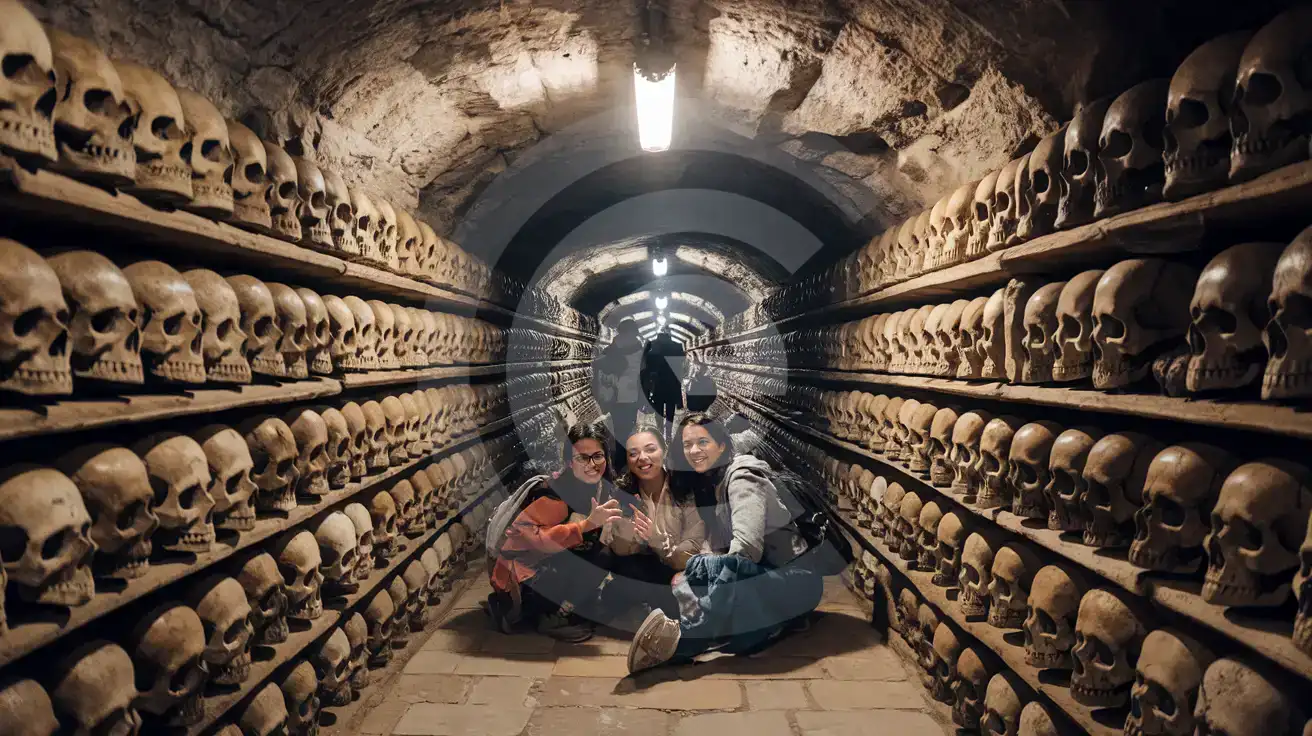 Amigos tomándose una selfie en el corredor del osario de las Catacumbas de París